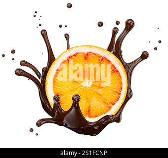 orange in chocolate splash isolated on a white background. Stock Photo