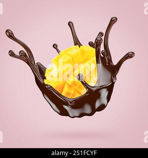 mango cube slices in chocolate splash on a light pinkbackground. Stock Photo