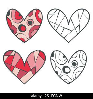 Heart shape icon colourful, outline set. Hand drawn doodle line brush cartoon design, decorative Zen tangle isolated elements. Valentine Love pink Stock Vector