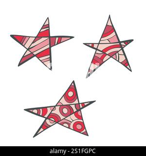 Star shape icon colourful, outline set. Hand drawn doodle line brush cartoon design, decorative zen tangle isolated elements. Valentine Love pink Stock Vector