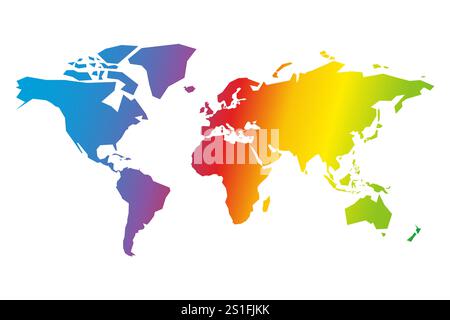 A vibrant world map features a rainbow spectrum gradient, showcasing continental outlines. This colorful representation emphasizes global diversity and creativity. Stock Vector