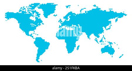 A pixelized vector representation of the world map highlights major continents in a bright blue color, providing a clear and simplified view of global geography and locations. Stock Vector