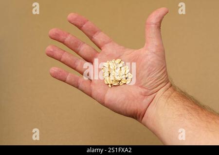 Close-up of caucasian male hand holding rolled oats in palm of hand with copy space Stock Photo