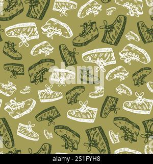 Vector green monochrome repeat waterproof hiking shoes for woman doodle seamless pattern. Suitable for textile, wallpaper and trekking brochures. Stock Vector