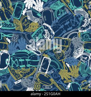 Vector blue seamless chaotic overlap doodle sketch pattern with objects for trekking and hiking on blue background. Suitable for textile, wallpaper Stock Vector