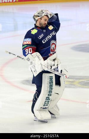 Berlin, Deutschland. 03rd Jan, 2025. 03.01.2025, Uber-Arena, Berlin, DEU, DEL, 1.EBL, Eisbaeren vs. Iserlohn Roosters, im Bild Jake Hildebrand (Eisbaeren Berlin #30) Foto: Juergen Engler/nordphoto GmbH/dpa/Alamy Live News Stock Photo