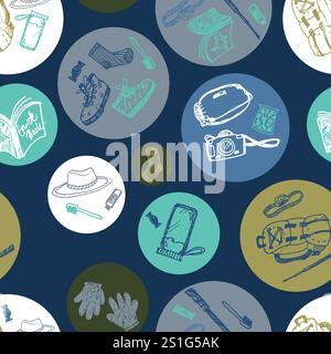 Vector blue seamless doodle sketch pattern in circles with objects for trekking and hiking on blue background. Suitable for textile, wallpaper and Stock Vector