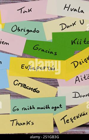 Thank you written in multiple languages on colorful paper notes Stock Photo