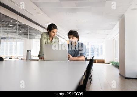 Couple of young Indian professional colleagues working on online project Stock Photo