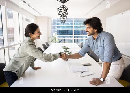 Positive Indian business partners shaking hands over large meeting table Stock Photo