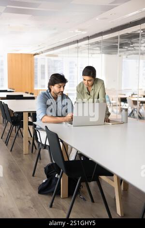 Two young Indian managers working on online business project together Stock Photo