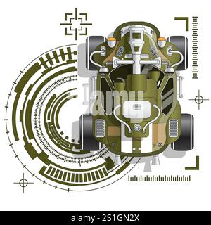 Futuristic combat vehicle on a technological background. View from above. Isolated on white background. Vector illustration. Stock Vector