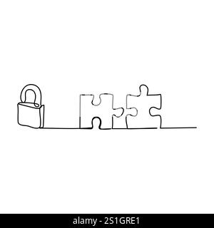 Continuous one line drawing of two pieces of jigsaw on white background. Puzzle game symbol and sign business metaphor of problem solving, Stock Vector