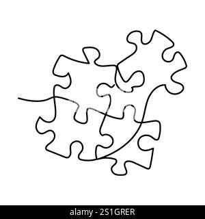 Continuous one line drawing of two pieces of jigsaw on white background. Puzzle game symbol and sign business metaphor of problem solving, Stock Vector