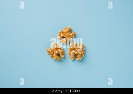 Top view of half walnut kernel on blue background Stock Photo