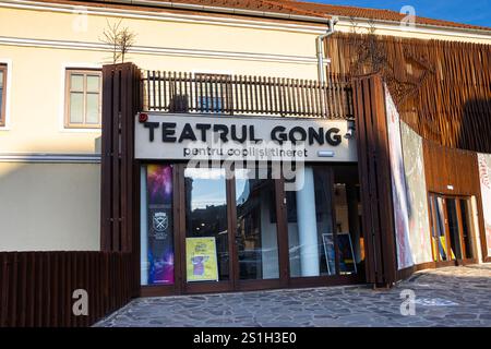 Gong Theater entrance in Sibiu, Romania. Opened in 1949, the theatreis one of the oldest in the country. Stock Photo