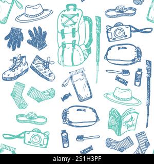 Vector white simple straight seamless doodle sketch pattern with objects for trekking and hiking. Suitable for textile, wallpaper and trekking Stock Vector