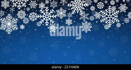 Falling white snowflakes on dark blue background. Scattered snowflakes with stars. Winter snowfall. Stock Vector