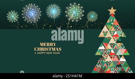Merry Christmas and Happy New Year greeting holiday card with Christmas tree and fireworks. Christmas template with light exploding lights and glitter Stock Vector