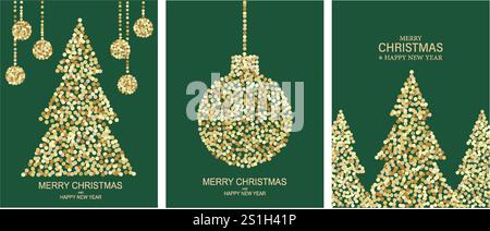 Christmas New Year greeting cards. Golden Christmas tree, New Year balls, minimal poster design for covers, banner, invitation template. Stock Vector