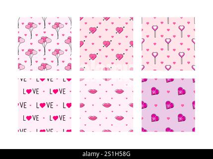 Set of Valentines day, seamless patterns. Lovely heart. Love concept.    Element — hearts, balloons, arrow, gift, lips. Wrapping paper. Decorative ele Stock Photo