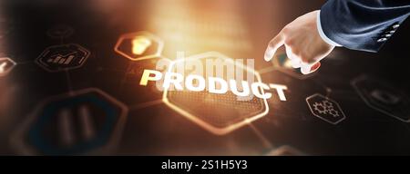 Business hand pushing product quality on virtual screen interface Stock Photo
