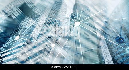 Network lines against the backdrop of cities. Telecommunications concept. Network space Stock Photo