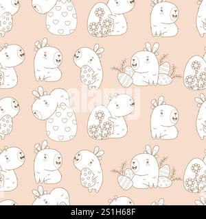 Easter Seamless pattern. Holiday Capybaras with paschal Eggs on light beige background. Cute cartoon kawaii animal backdrop. Line drawing, Outline Stock Vector