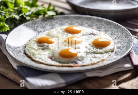 English breakfast on a plate. Ham and eggs sprinkled with parsley. Stock Photo