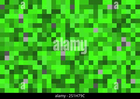Pixel texture background with grass blocks. Green cubes seamless pattern for game. Square bricks abstract wallpaper. Vector mosaic backdrop Stock Vector