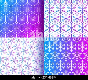 Merry Christmas pattern seamless collection. Blue purple pink white snowflake seamless pattern set. Set of 4 Xmas backgrounds. Christmas geometric pat Stock Vector