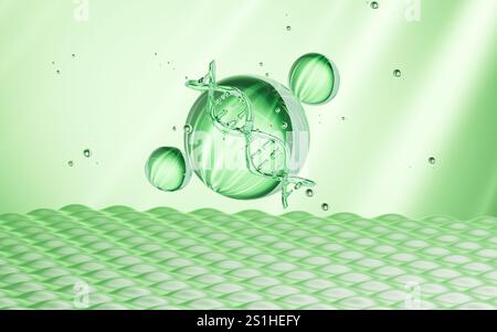 Green glass spheres and DNA, Concept skin care Cosmetics background, 3D rendering. 3d illustration. Stock Photo