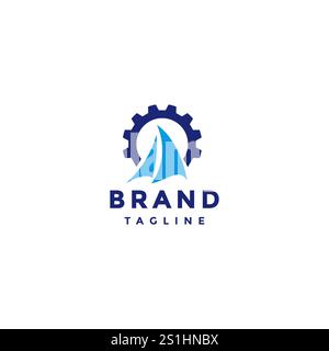 Simple Mechanical Gear Boat Logo Design. Simple Sailboat With Gear Icon Logo Design. Stock Vector