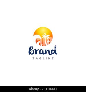 Beach Scene Inside Circle Logo Design. Waves And Coconut Trees In Round Logo Design. Stock Vector