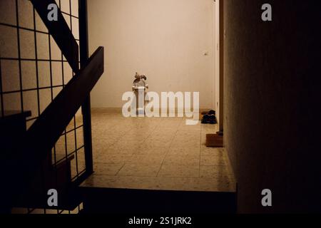 Mainz, Germany. December 05, 2024. Entrance of a house in the darkness. Stock Photo