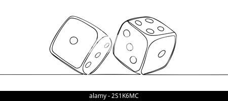Two dices one line vector illustration. Continuous contour drawing of game dice Stock Vector