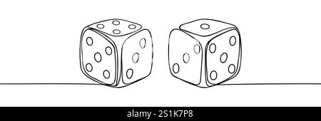 Two dices one line vector illustration. Continuous contour drawing of game dice Stock Vector
