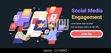 Social media engagement concept people interacting with smartphone app icons vibrant colors dark background website design Stock Vector