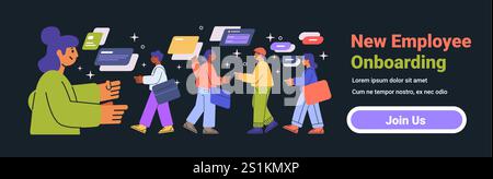 New employee onboarding concept people walking exchanging information dark background colorful elements website banner Stock Vector