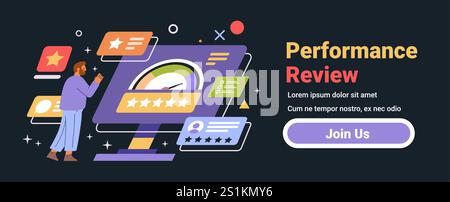 Performance review concept business analysis scene. Person analyzing data on a screen with stars charts and icons. Dark mode interface design template Stock Vector