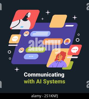 Communicating with AI Systems chatbot interaction colorful vibrant dark background futuristic messaging bubbles characters modern web mobile interface Stock Vector