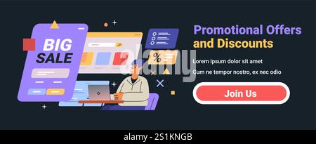 Big sale promotion concept with person browsing online shopping website colorful interface discount elements dark background Stock Vector