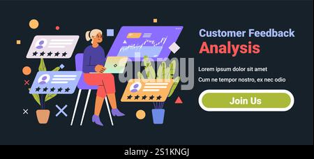 Customer feedback analysis concept woman laptop rating charts dark background plants modern design Stock Vector