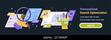 Personalized search optimization AI analysis concept with diverse characters examining digital data on a dark background for a website banner Stock Vector