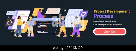 Project development process teamwork coding collaboration diverse people interacting colorful elements dark background website banner Stock Vector
