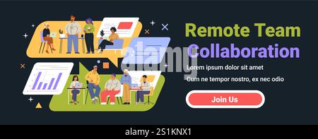 Remote team collaboration concept with diverse professionals working together using laptops and charts on a dark background. Suitable for website Stock Vector