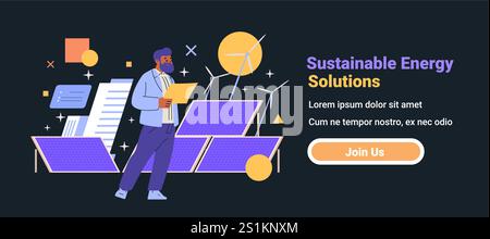 Sustainable energy solutions man with solar panels wind turbines dark background website banner Stock Vector