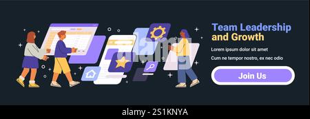 Team leadership and growth concept illustration showing three people interacting with digital interfaces and icons on a dark background website design Stock Vector