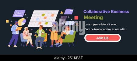 Collaborative business meeting concept with diverse team discussing charts and schedules in a dark mode interface with colorful elements and a join Stock Vector