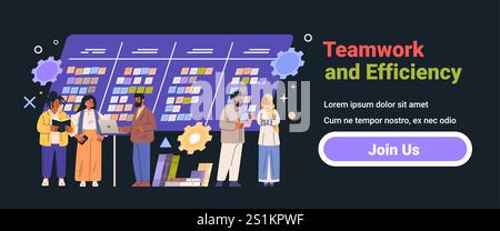 Teamwork and efficiency concept with diverse team members collaborating in front of a task board dark background gears and books website banner Stock Vector